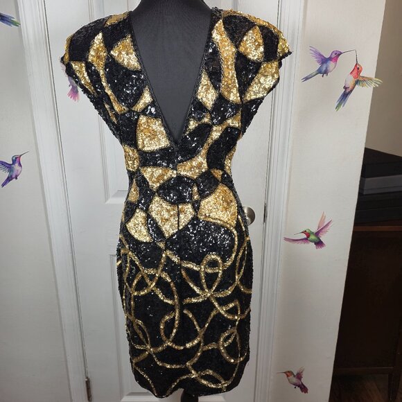 Vintage Cache Black & Gold Sequin Dress S8 80/90s Geometric Abstract Party Dress - Picture 6 of 10